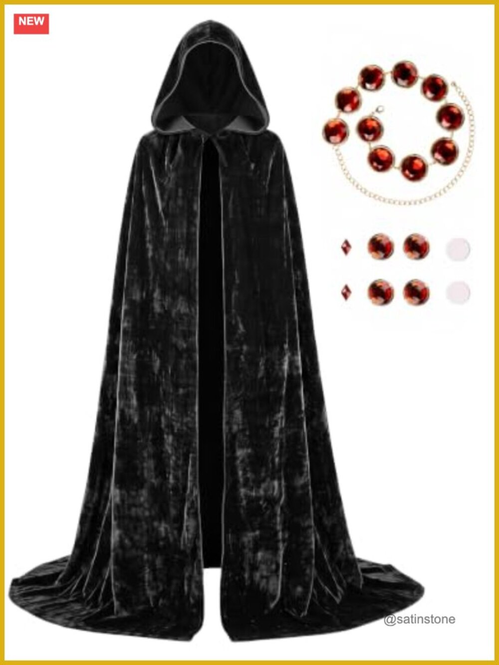 Velvet Hooded Cloak Adult Cosplay Robe with Gem Waist Belt
